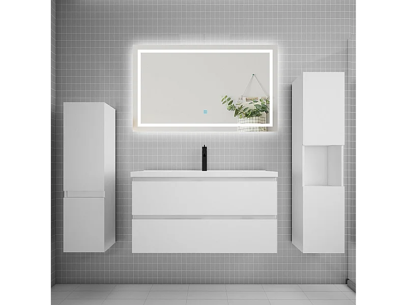Ensemble meuble de salle de bains 100cm, vasque et colonne et LED miroir,blanc