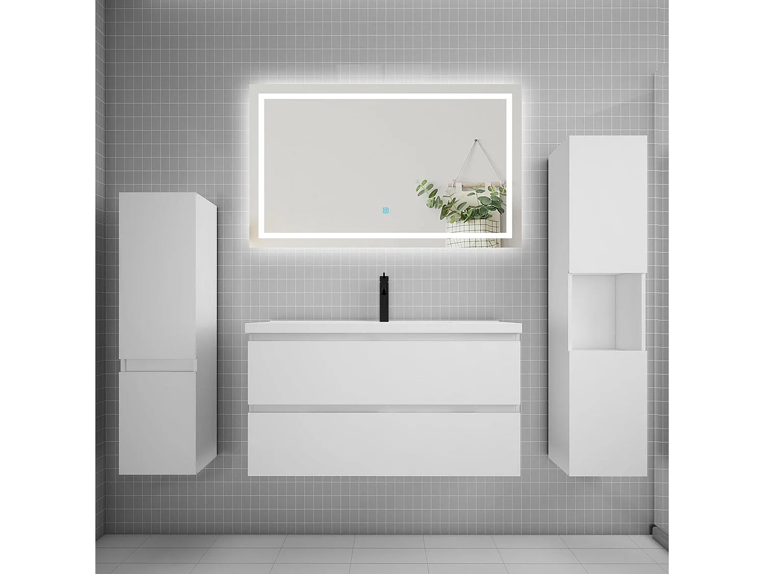 Ensemble meuble de salle de bains 100cm, vasque et colonne et LED miroir,blanc