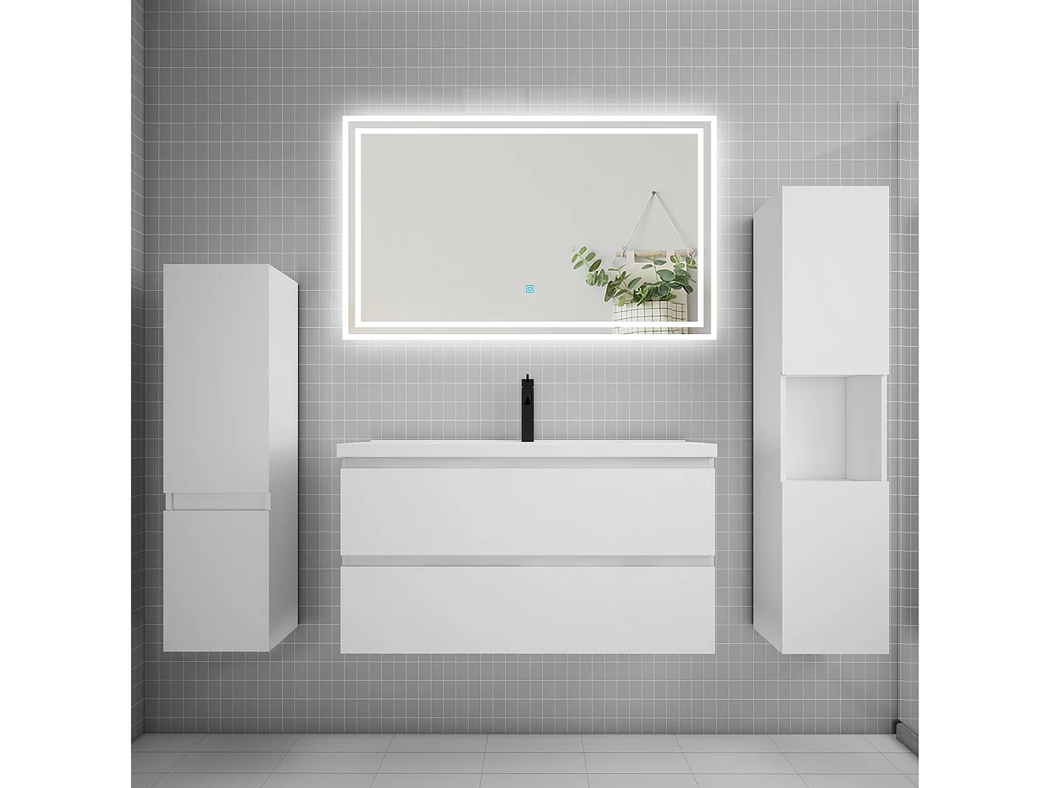 Ensemble meuble de salle de bains 100cm, simple vasque et colonne et LED miroir,blanc