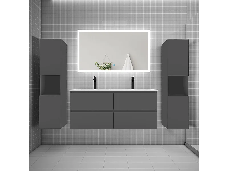 Ensemble meuble de salle de bains 120cm, double vasque + colonne + LED miroir rectangulaire,anthracite