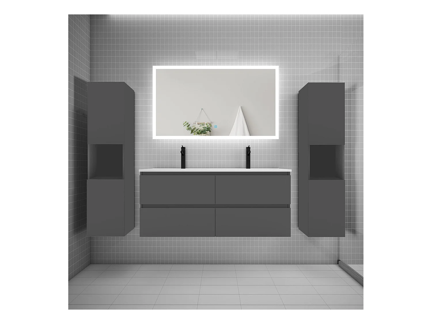 Ensemble meuble de salle de bains 120cm, double vasque + colonne + LED miroir rectangulaire,anthracite