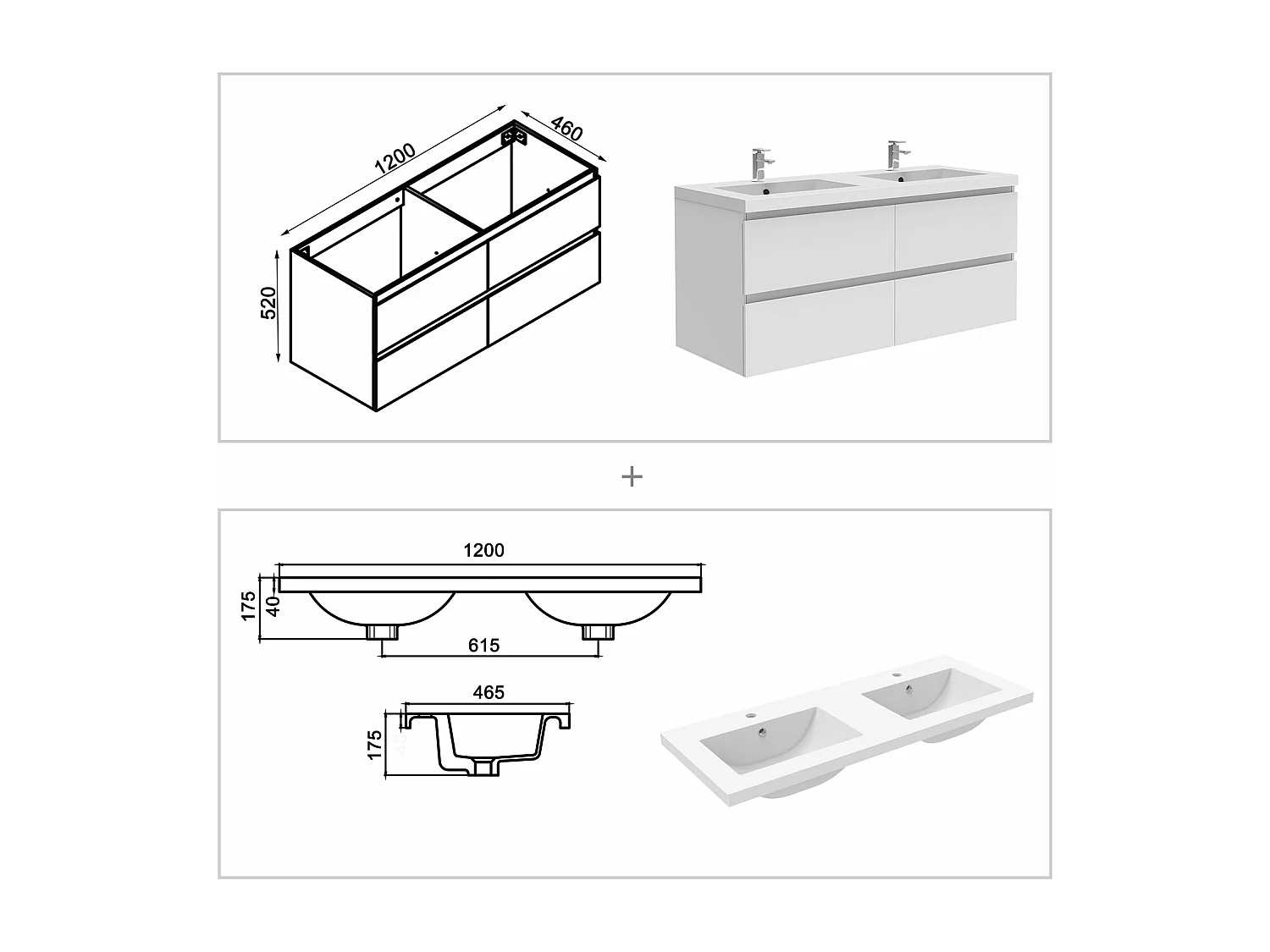 Ensemble meuble de salle de bains 120cm, double vasque + colonne + LED miroir mural,blanc