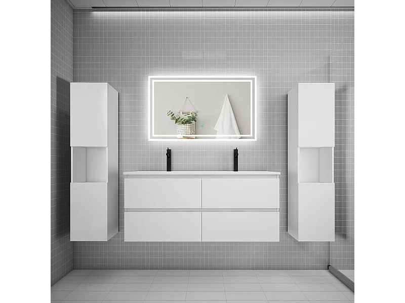 Ensemble meuble de salle de bains 120cm, double vasque + colonne + LED miroir mural,blanc