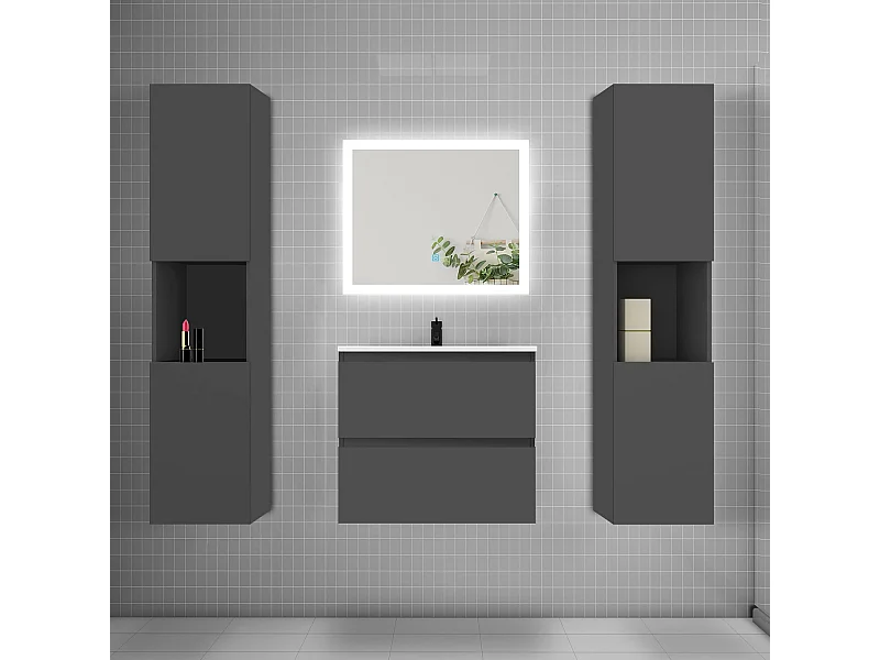 Ensemble meuble de salle de bains 60cm, vasque + colonne + LED miroir rectangulaire,anthracite