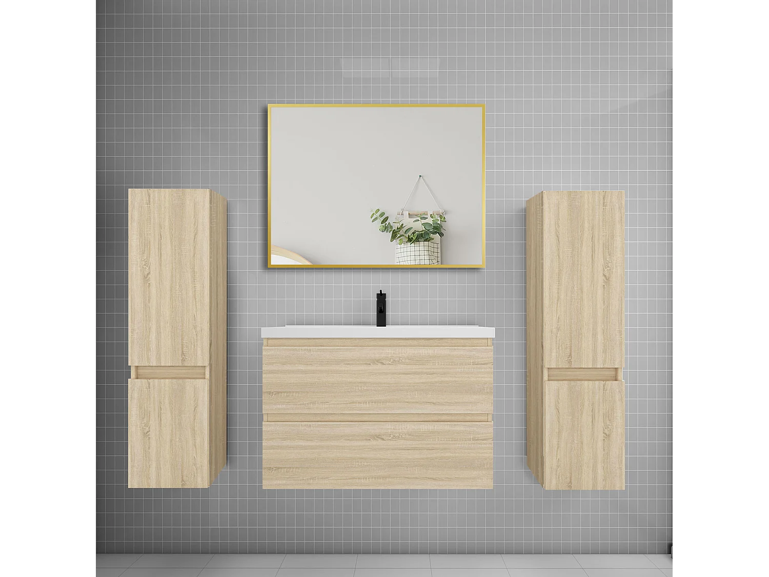 Ensemble meuble de salle de bains 80cm vasque + colonne + miroir,chêne