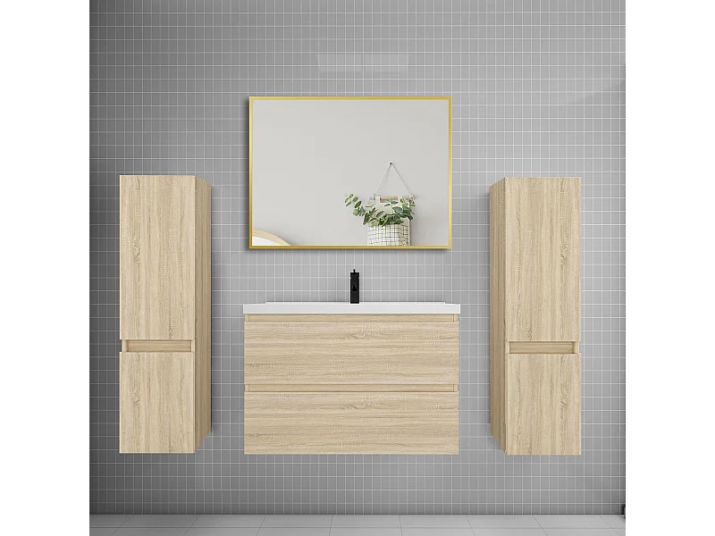 Ensemble meuble de salle de bains 80cm vasque + colonne + miroir,chêne