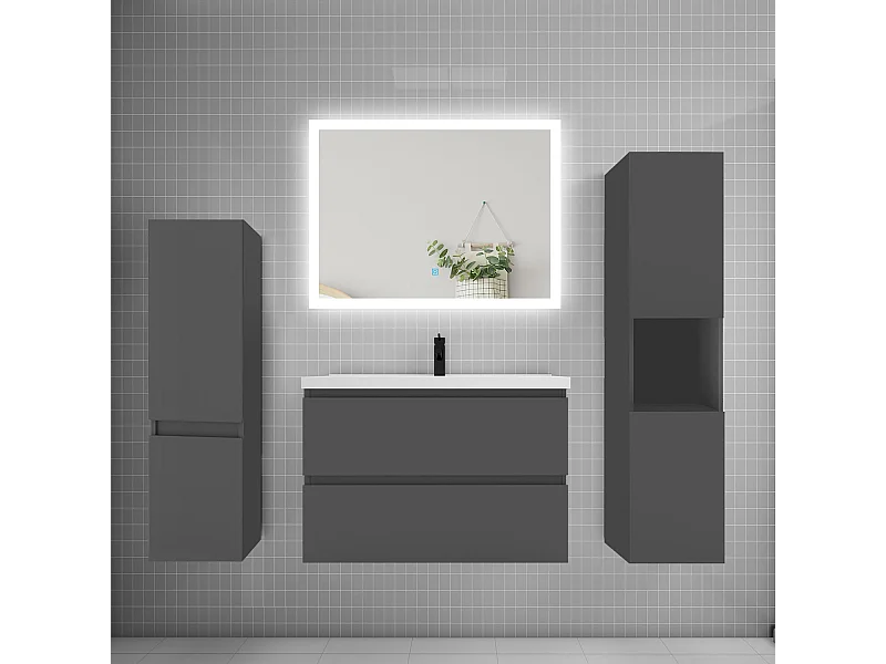 Ensemble meuble de salle de bains 80cm, simple vasque et colonne et LED miroir rectangulaire,anthracite