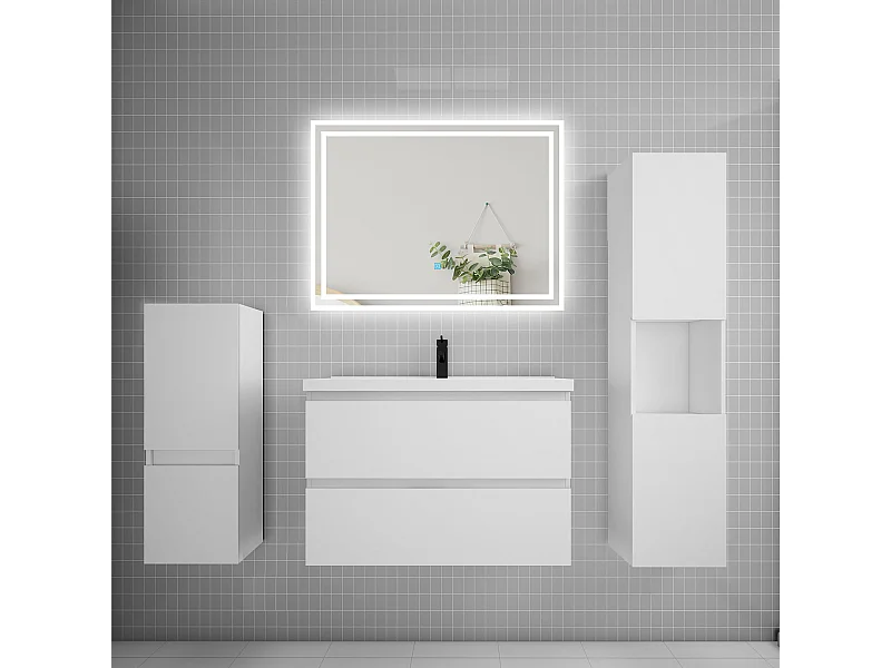 Ensemble meuble de salle de bain 80cm, simple vasque + colonne + LED miroir,blanc