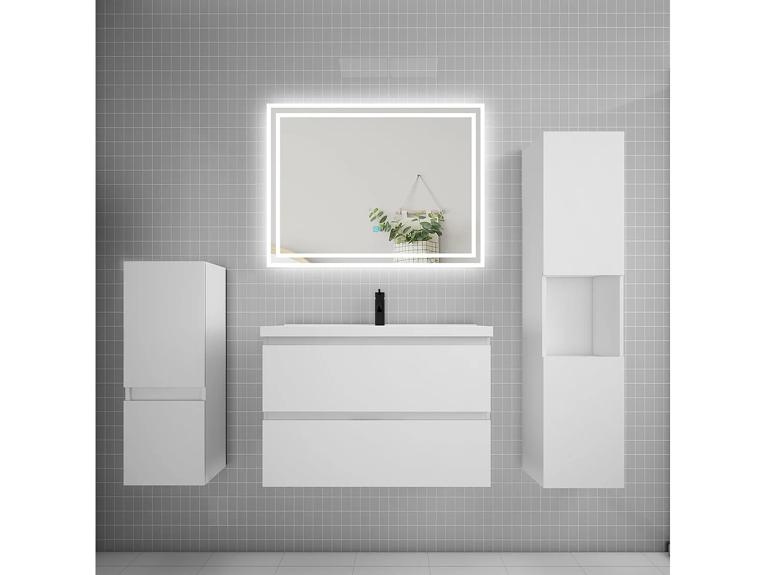 Ensemble meuble de salle de bain 80cm, simple vasque + colonne + LED miroir,blanc