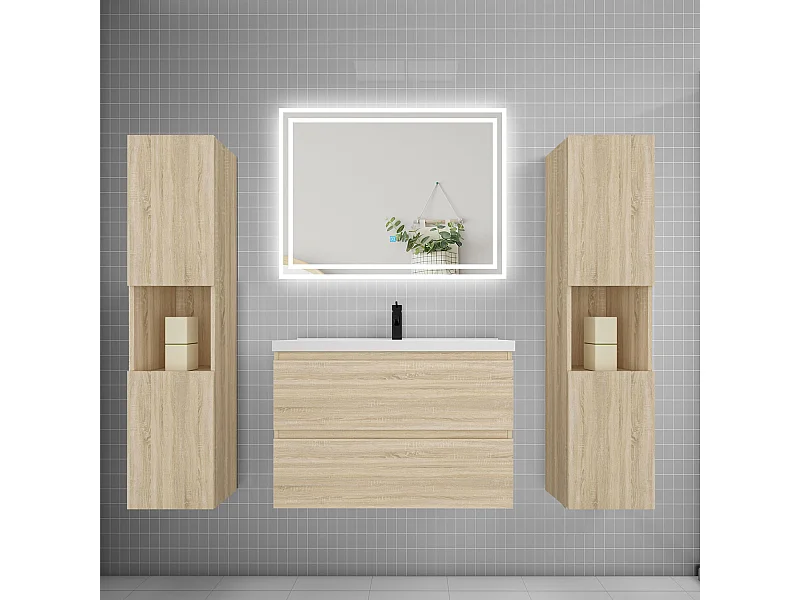 Ensemble meuble de salle de bains 80cm, simple vasque + colonne + LED miroir mural,chêne