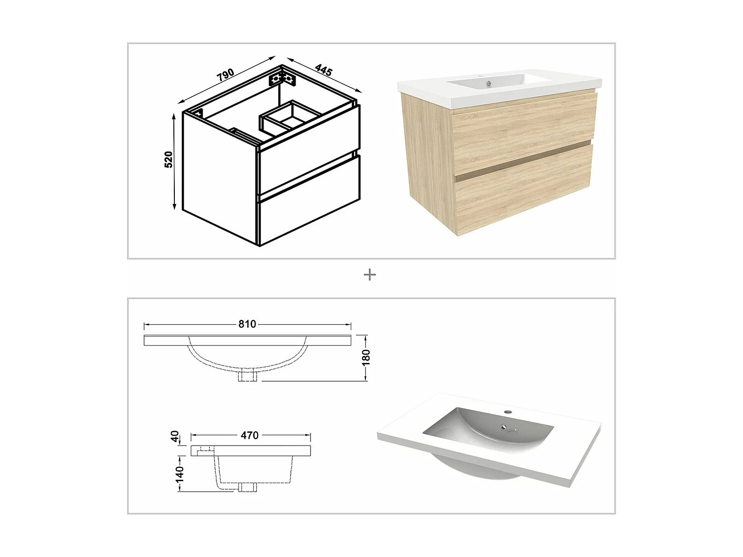 Ensemble meuble de salle de bains 80cm, simple vasque + colonne + miroir rectangulaire,chêne