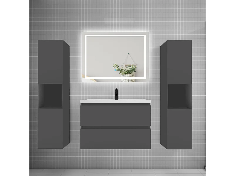 Ensemble meuble de salle de bains 80cm, vasque + colonne + LED miroir mural,anthracite
