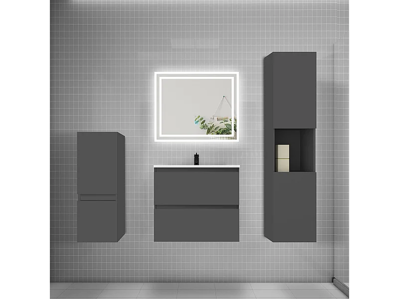 Ensemble meuble de salle de bain 60cm, vasque + colonne + LED miroir,anthracite