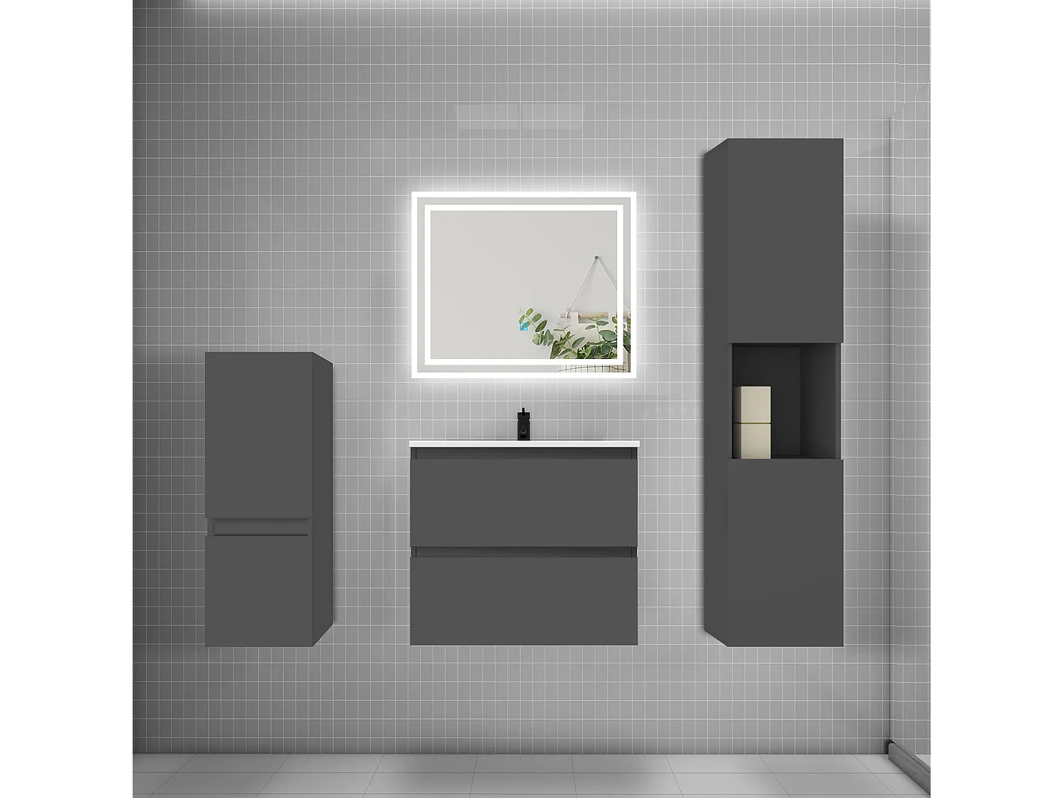 Ensemble meuble de salle de bain 60cm, vasque + colonne + LED miroir,anthracite