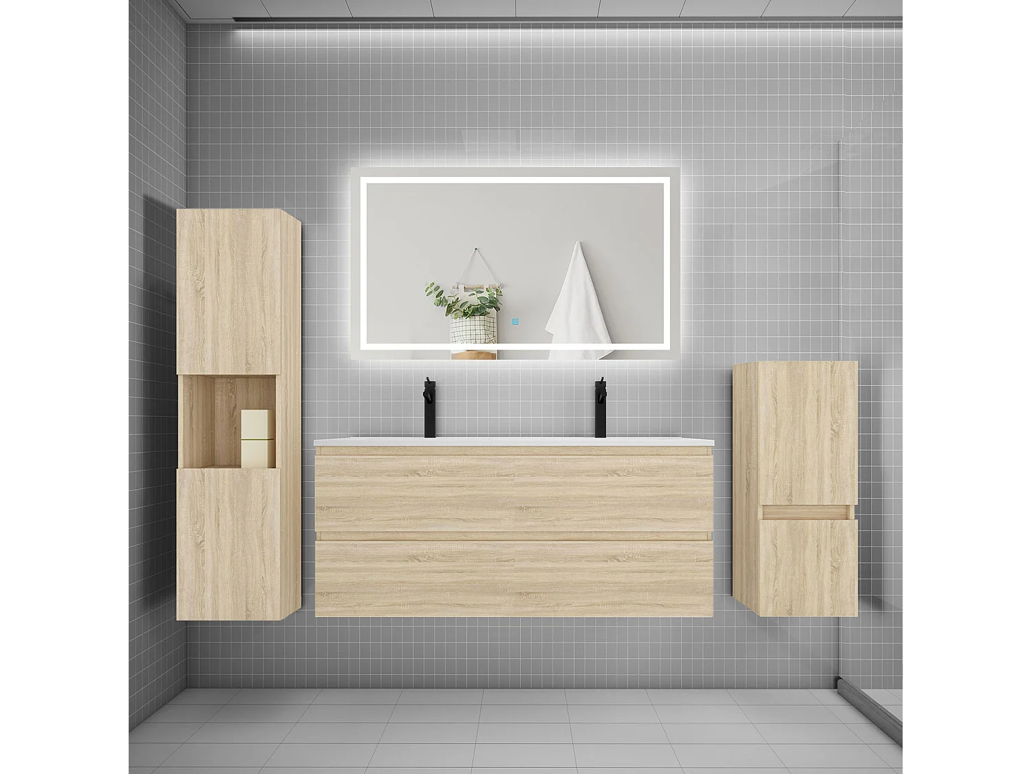 Ensemble meuble de salle de bain 120cm, vasque + colonne + LED miroir,chêne