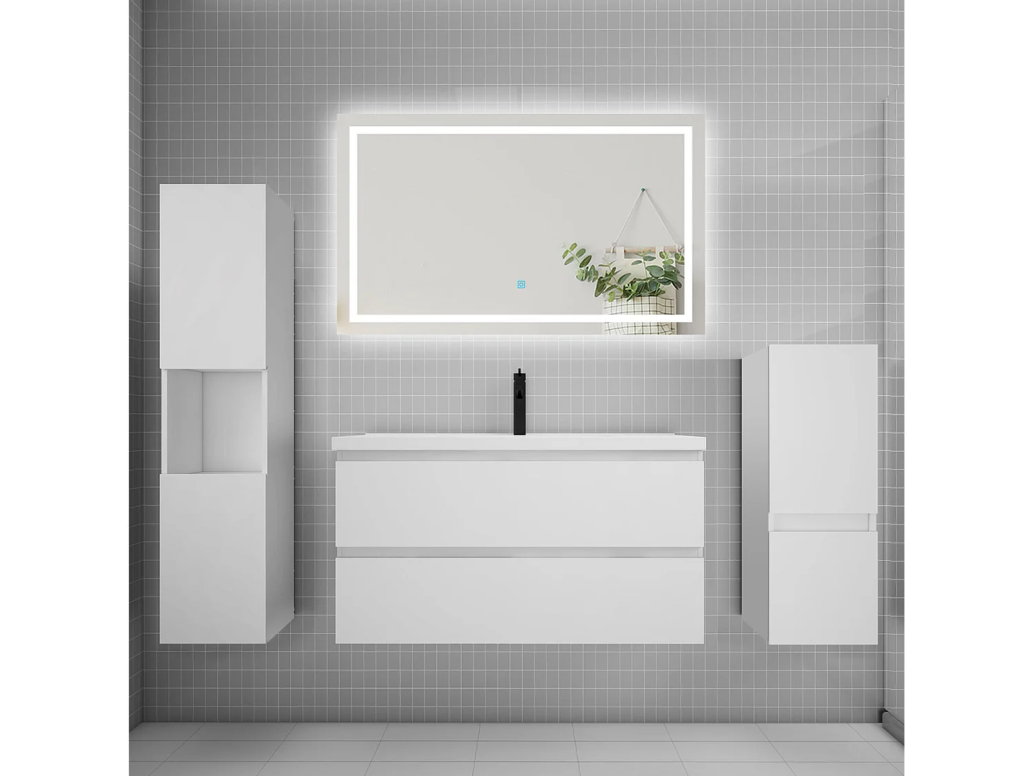 Ensemble meuble de salle de bain 100cm, vasque + colonne + LED miroir,blanc