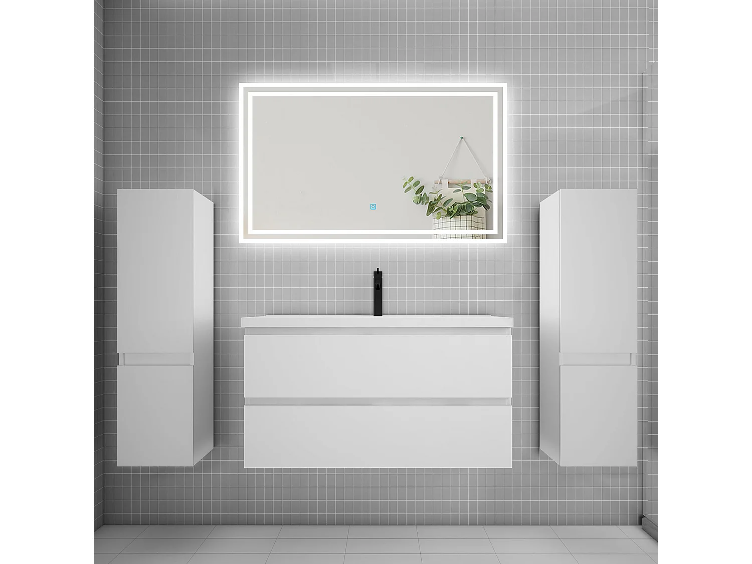 Ensemble meuble de salle de bains 100cm, simple vasque + colonne + LED miroir,blanc