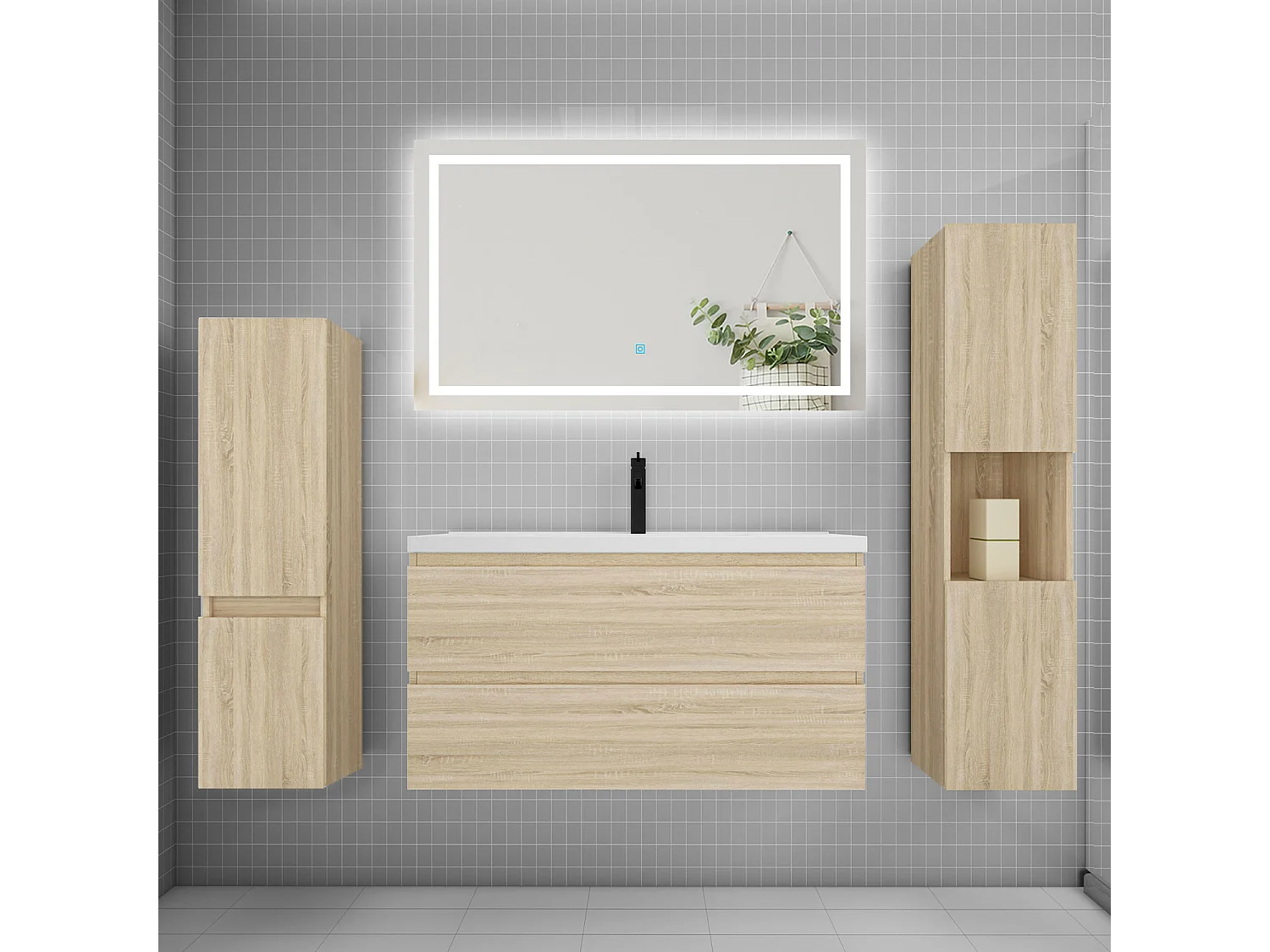 Ensemble meuble de salle de bains 100cm, vasque et colonne et LED miroir,chêne