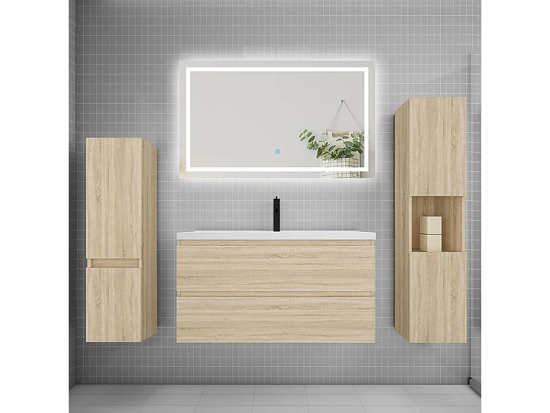 Ensemble meuble de salle de bains 100cm, vasque et colonne et LED miroir,chêne