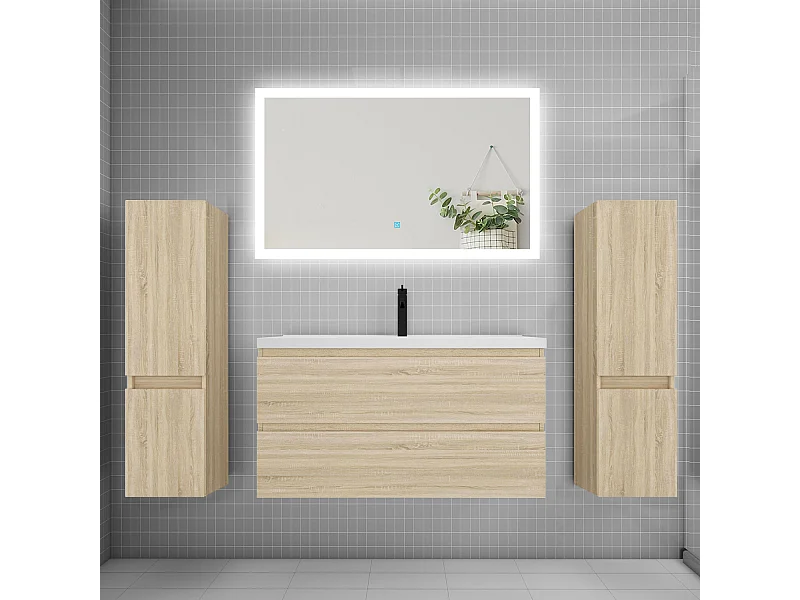 Ensemble meuble de salle de bains 100cm, simple vasque + colonne + miroir rectangulaire,chêne