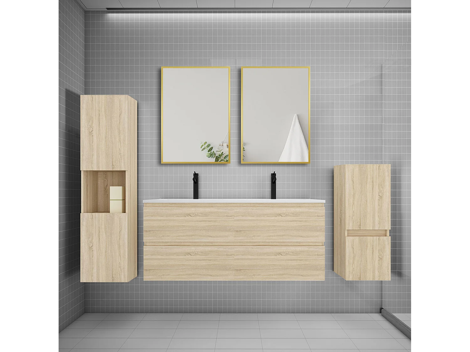 Ensemble meuble de salle de bains 120cm vasque + colonne x2 + miroir,chêne