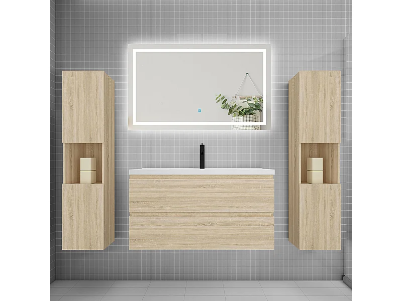 Ensemble meuble de salle de bains 100cm, vasque + colonne + LED miroir mural,chêne