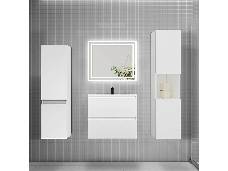 Ensemble meuble de salle de bains 60cm, vasque et colonne et LED miroir,blanc