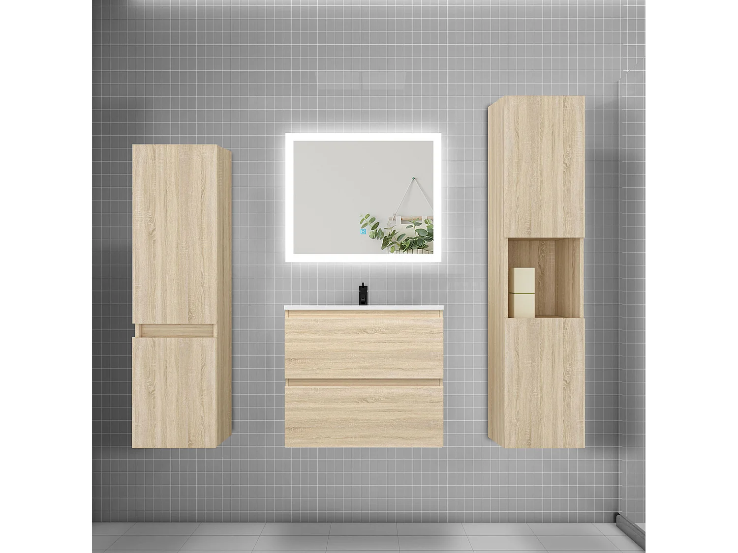 Ensemble meuble de salle de bains 60cm, vasque et colonne et LED miroir rectangulaire,chêne