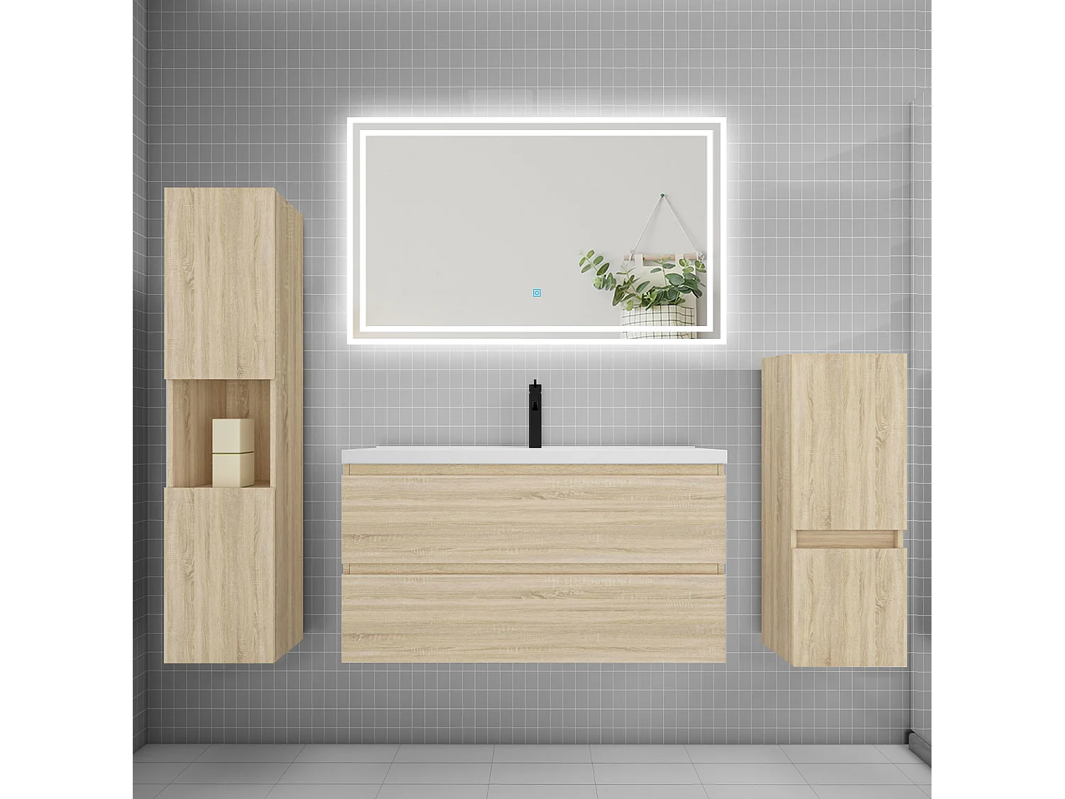 Ensemble meuble de salle de bain 100cm, simple vasque + colonne + LED miroir,chêne