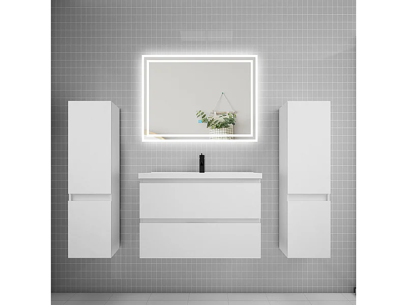 Ensemble meuble de salle de bains 80cm, simple vasque + colonne + LED miroir,blanc