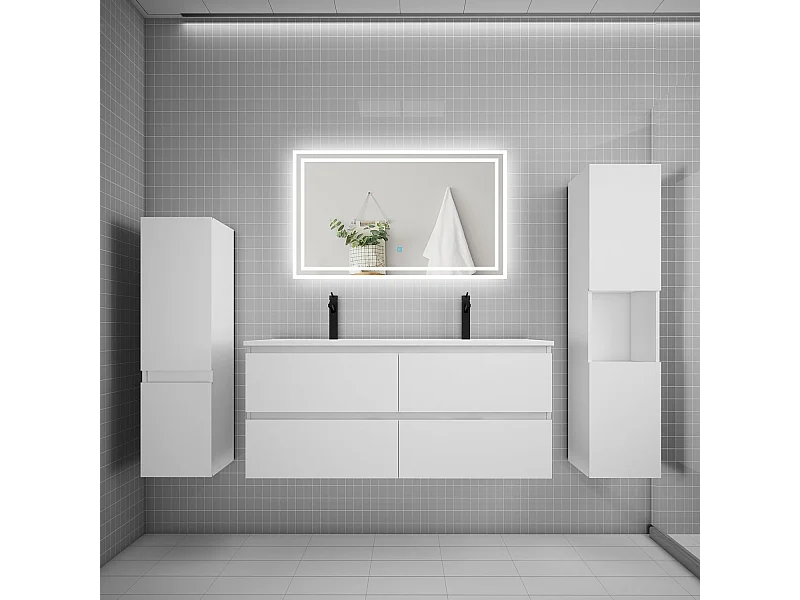 Ensemble meuble de salle de bains 120cm, double vasque et colonne et LED miroir,blanc