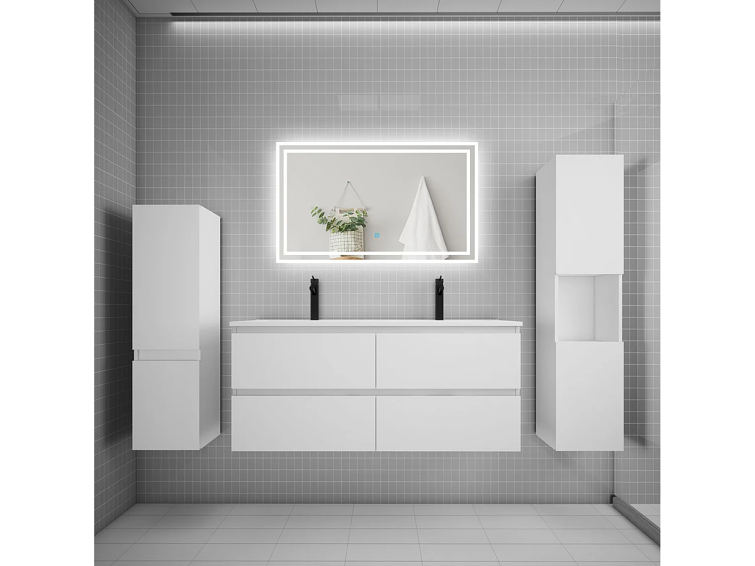 Ensemble meuble de salle de bains 120cm, double vasque et colonne et LED miroir,blanc
