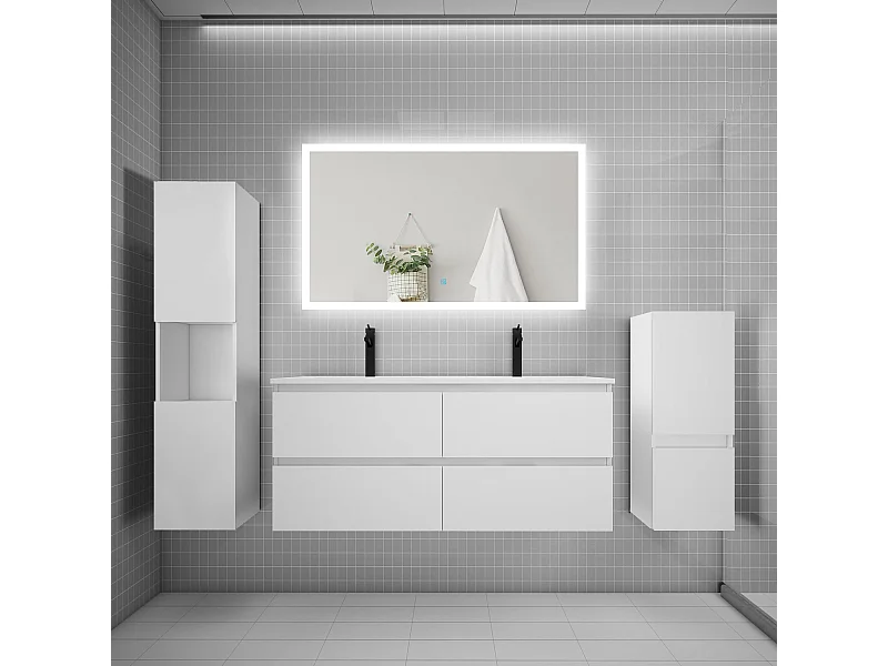 Ensemble meuble de salle de bain 120cm, double vasque + colonne + LED miroir rectangulaire,blanc