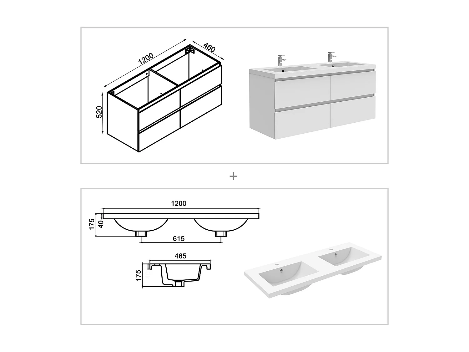 Ensemble meuble de salle de bain 120cm, double vasque + colonne + LED miroir rectangulaire,blanc