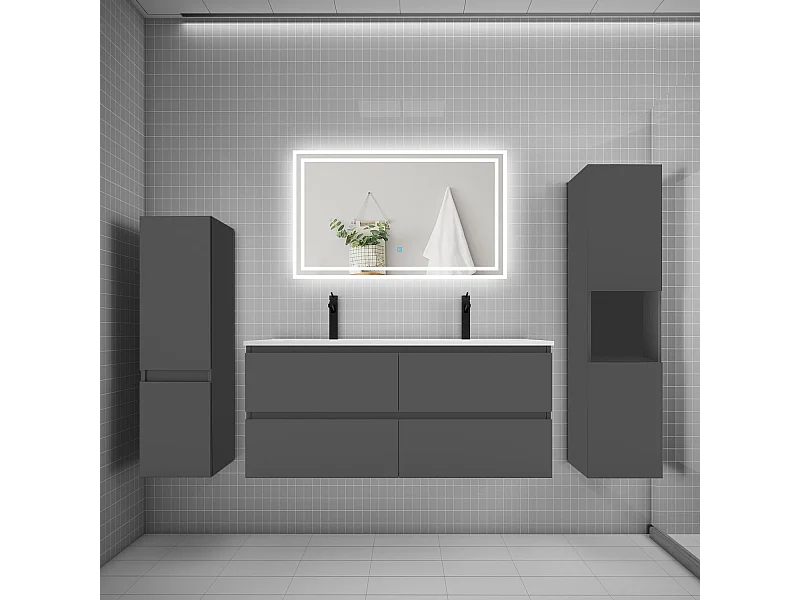 Ensemble meuble de salle de bains 120cm, double vasque et colonne et LED miroir,anthracite