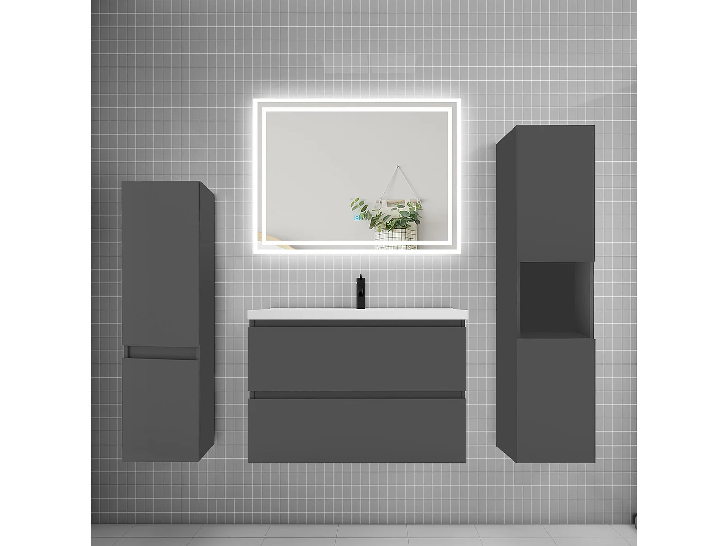 Ensemble meuble de salle de bains 80cm, simple vasque et colonne et LED miroir,anthracite