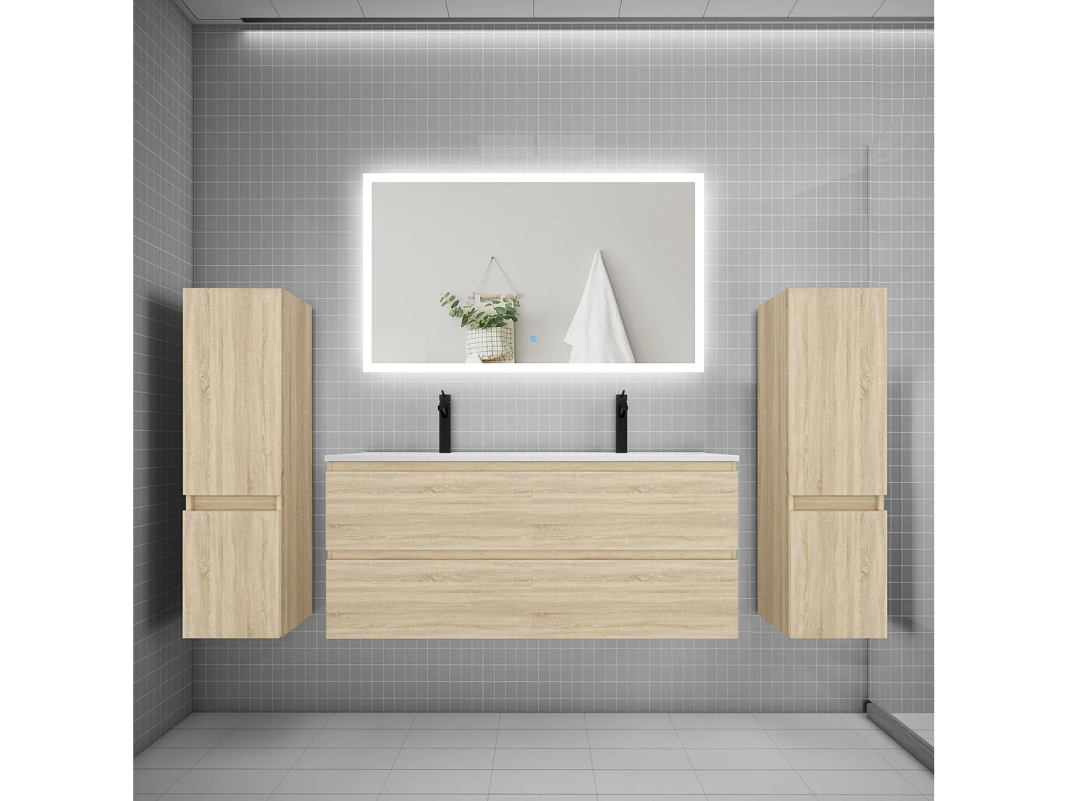 Ensemble meuble de salle de bains 120cm, double vasque + colonne + miroir rectangulaire,chêne