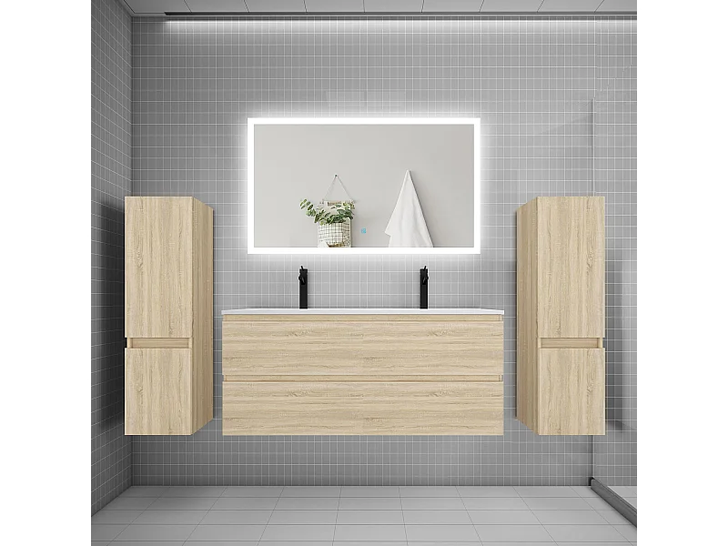 Ensemble meuble de salle de bains 120cm, double vasque + colonne + miroir rectangulaire,chêne
