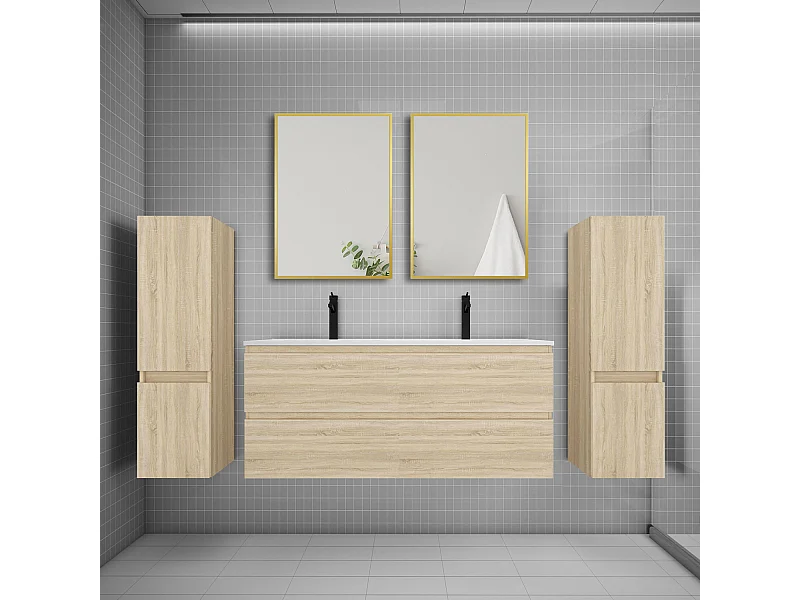 Ensemble meuble de salle de bains 120cm vasque + colonne + miroir,chêne