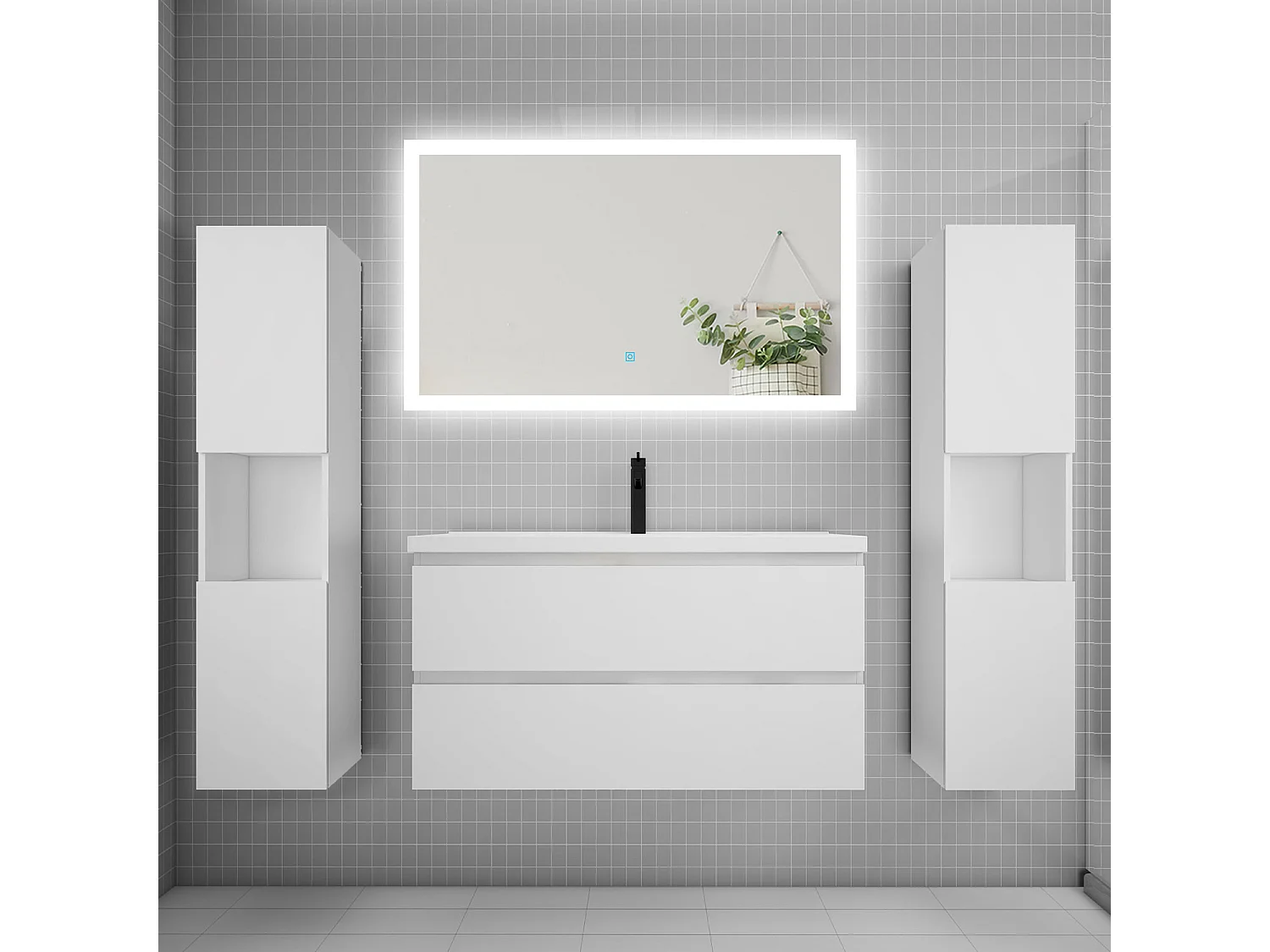 Ensemble meuble de salle de bains 100cm, simple vasque + colonne + LED miroir rectangulaire,blanc