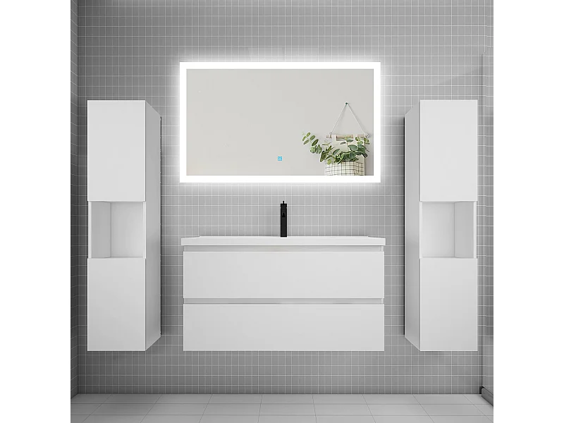 Ensemble meuble de salle de bains 100cm, simple vasque + colonne + LED miroir rectangulaire,blanc