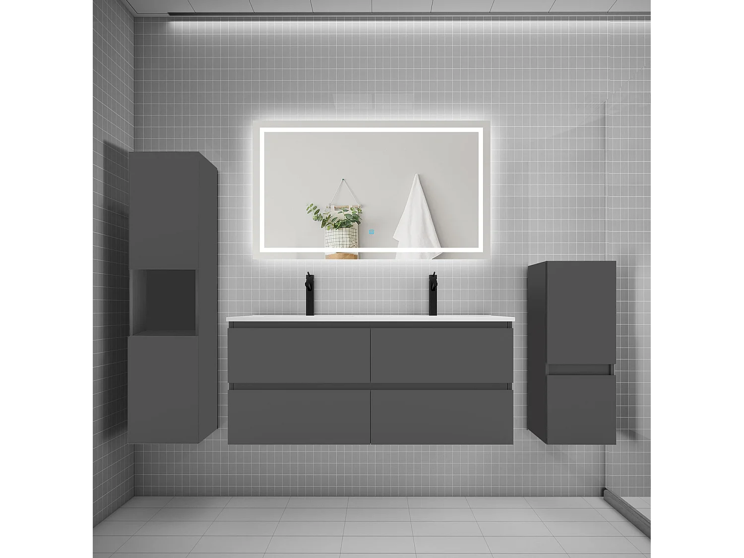 Ensemble meuble de salle de bain 120cm, vasque + colonne + LED miroir,anthracite
