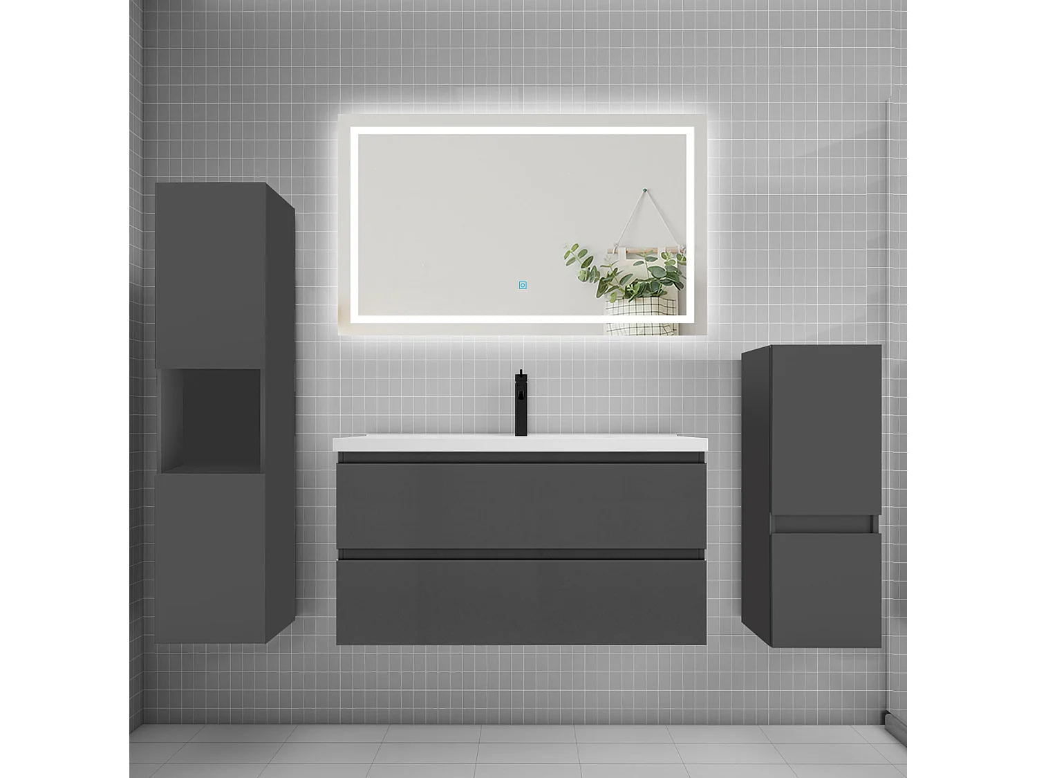 Ensemble meuble de salle de bain 100cm, vasque + colonne + LED miroir,anthracite