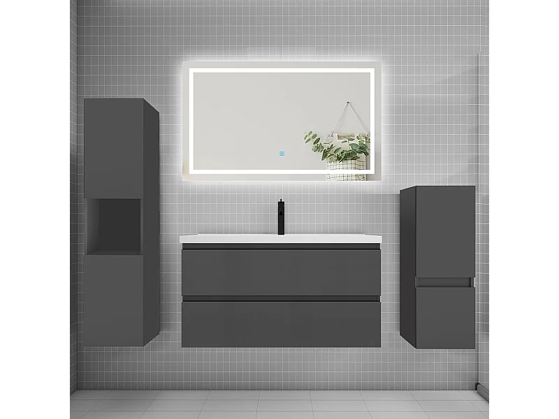 Ensemble meuble de salle de bain 100cm, vasque + colonne + LED miroir,anthracite