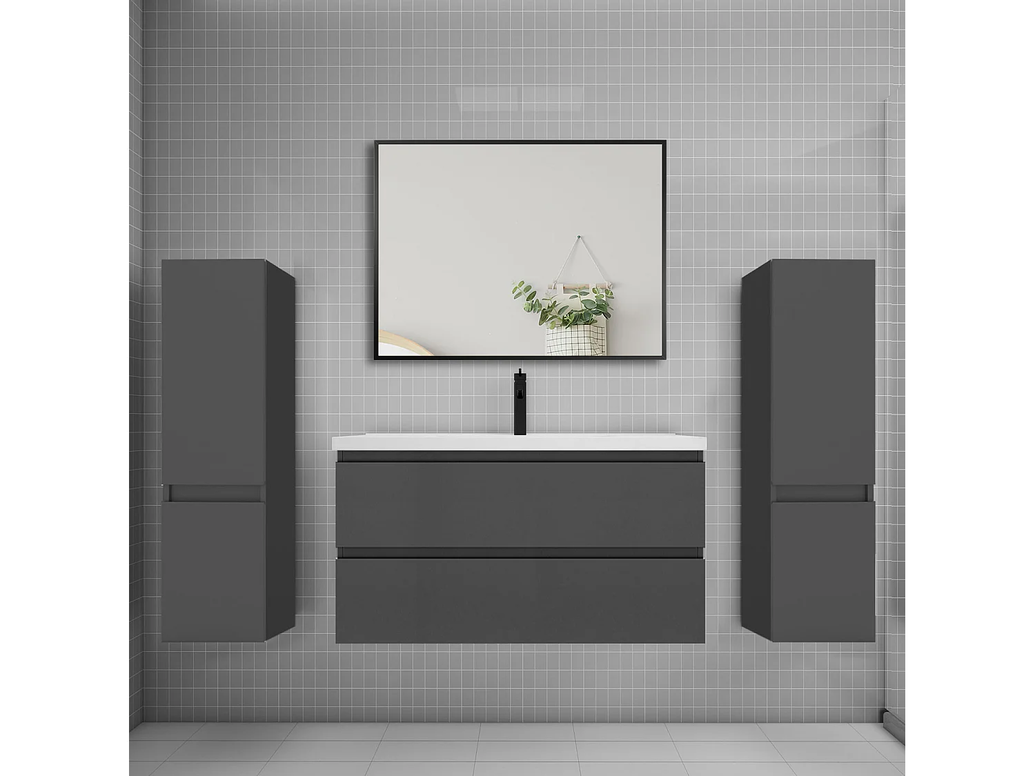 Ensemble meuble de salle de bains 100cm vasque + colonne + miroir,anthracite