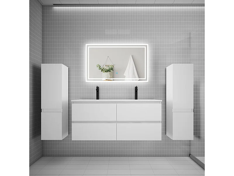 Ensemble meuble de salle de bains 120cm, double vasque + colonne + LED miroir,blanc