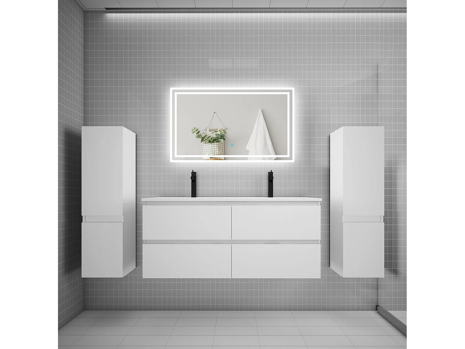 Ensemble meuble de salle de bains 120cm, double vasque + colonne + LED miroir,blanc