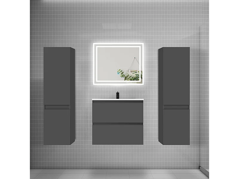 Ensemble meuble de salle de bains 60cm, vasque + colonne + LED miroir,anthracite