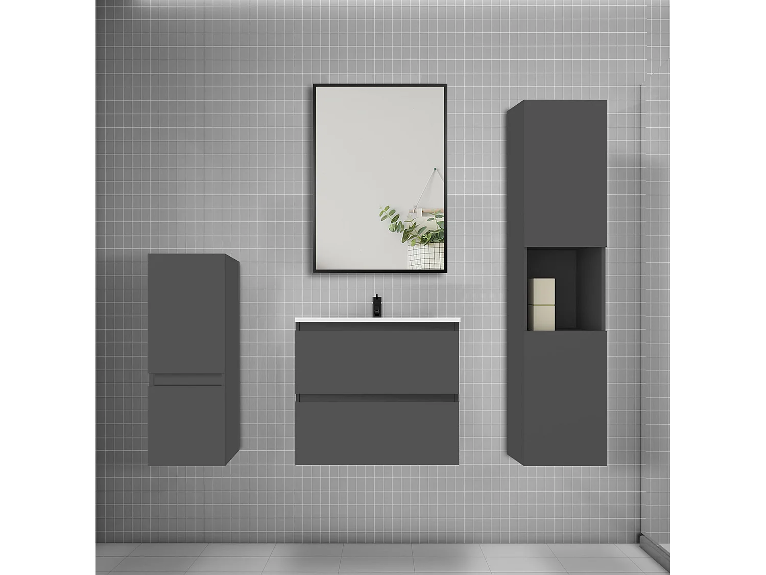 Ensemble meuble de salle de bains 60cm vasque + colonne x2 + miroir,anthracite