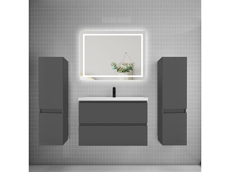 Ensemble meuble de salle de bains 80cm, vasque + colonne + LED miroir,anthracite